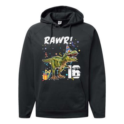 Rawr I'm 16 Birthday T Rex Dinosaur Party Gift For Performance Fleece Hoodie