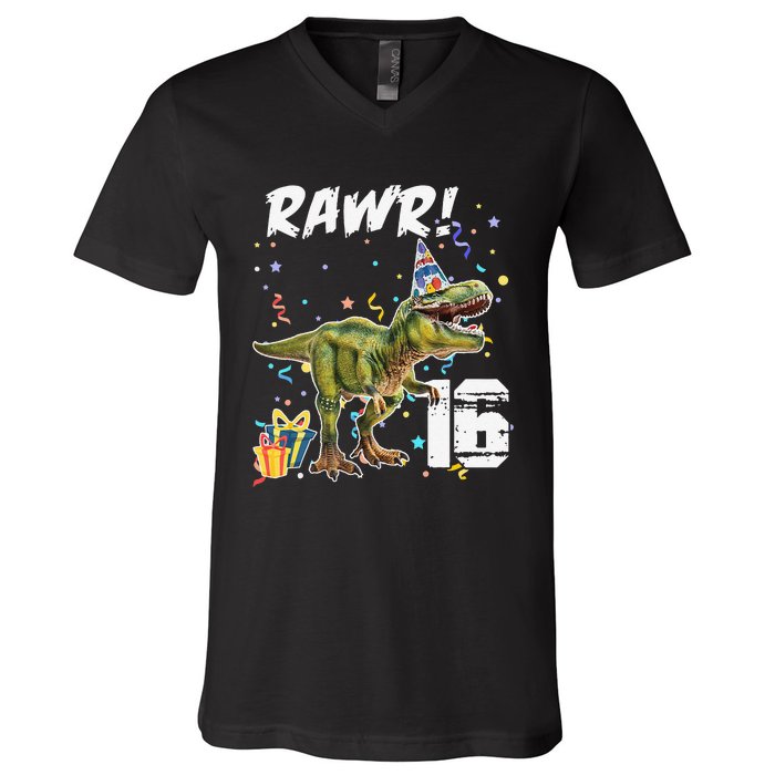 Rawr I'm 16 Birthday T Rex Dinosaur Party Gift For V-Neck T-Shirt