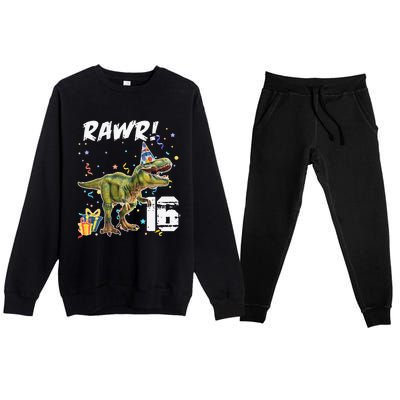 Rawr I'm 16 Birthday T Rex Dinosaur Party Gift For Premium Crewneck Sweatsuit Set