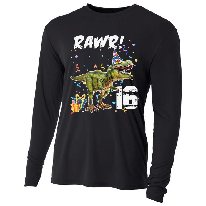 Rawr I'm 16 Birthday T Rex Dinosaur Party Gift For Cooling Performance Long Sleeve Crew