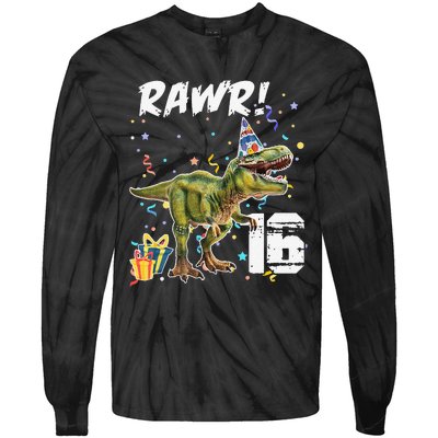 Rawr I'm 16 Birthday T Rex Dinosaur Party Gift For Tie-Dye Long Sleeve Shirt