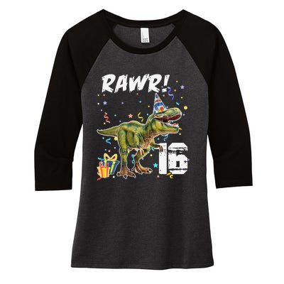 Rawr I'm 16 Birthday T Rex Dinosaur Party Gift For Women's Tri-Blend 3/4-Sleeve Raglan Shirt