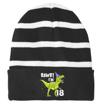 Rawr I'm 18 Birthday T Rex Dinosaur Party Gift For Striped Beanie with Solid Band