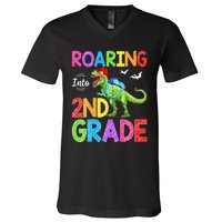 Roaring Into 2nd Grade Dinosaur Students Back To School V-Neck T-Shirt