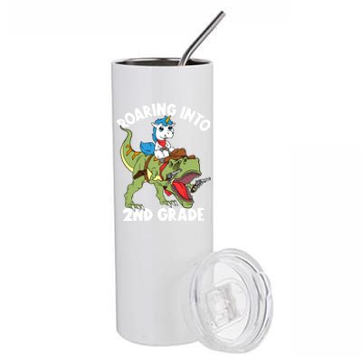 Roaring Into 2nd Grade Unicorn Riding Dinosaur Great Gift Stainless Steel Tumbler