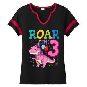 Roar Im 3 Year Old Dinosaur Girl 3rd Birthday Party Ladies Halftime Notch Neck Tee