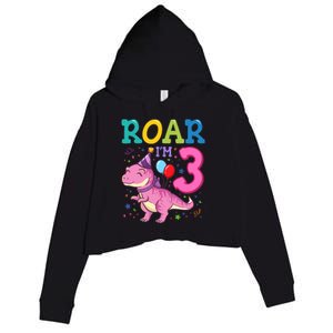 Roar Im 3 Year Old Dinosaur Girl 3rd Birthday Party Crop Fleece Hoodie