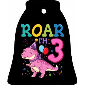 Roar Im 3 Year Old Dinosaur Girl 3rd Birthday Party Ceramic Bell Ornament