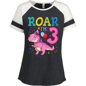 Roar Im 3 Year Old Dinosaur Girl 3rd Birthday Party Enza Ladies Jersey Colorblock Tee