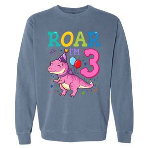 Roar Im 3 Year Old Dinosaur Girl 3rd Birthday Party Garment-Dyed Sweatshirt