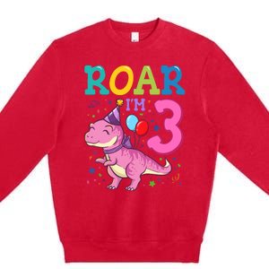 Roar Im 3 Year Old Dinosaur Girl 3rd Birthday Party Premium Crewneck Sweatshirt