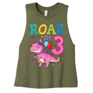 Roar Im 3 Year Old Dinosaur Girl 3rd Birthday Party Women's Racerback Cropped Tank