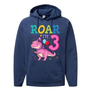 Roar Im 3 Year Old Dinosaur Girl 3rd Birthday Party Performance Fleece Hoodie