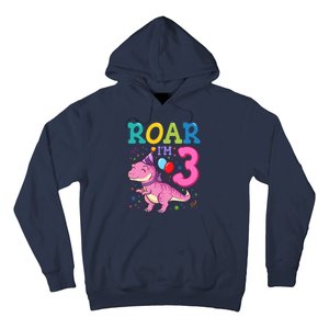 Roar Im 3 Year Old Dinosaur Girl 3rd Birthday Party Hoodie