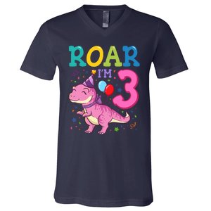 Roar Im 3 Year Old Dinosaur Girl 3rd Birthday Party V-Neck T-Shirt