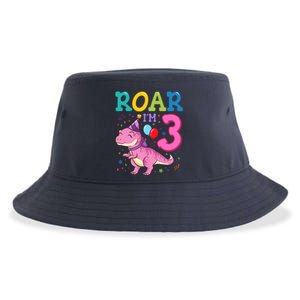 Roar Im 3 Year Old Dinosaur Girl 3rd Birthday Party Sustainable Bucket Hat