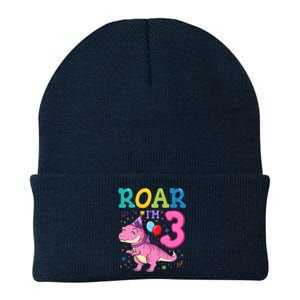 Roar Im 3 Year Old Dinosaur Girl 3rd Birthday Party Knit Cap Winter Beanie