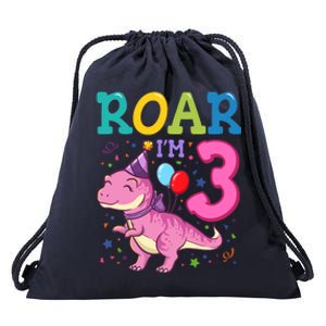 Roar Im 3 Year Old Dinosaur Girl 3rd Birthday Party Drawstring Bag