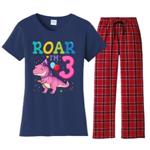 Roar Im 3 Year Old Dinosaur Girl 3rd Birthday Party Women's Flannel Pajama Set