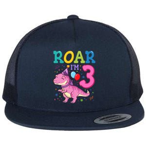 Roar Im 3 Year Old Dinosaur Girl 3rd Birthday Party Flat Bill Trucker Hat