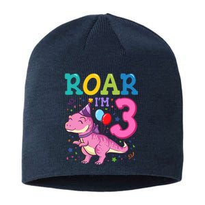 Roar Im 3 Year Old Dinosaur Girl 3rd Birthday Party Sustainable Beanie