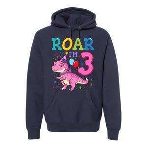 Roar Im 3 Year Old Dinosaur Girl 3rd Birthday Party Premium Hoodie