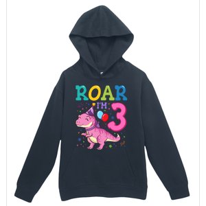 Roar Im 3 Year Old Dinosaur Girl 3rd Birthday Party Urban Pullover Hoodie