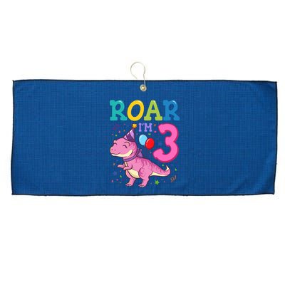 Roar Im 3 Year Old Dinosaur Girl 3rd Birthday Party Large Microfiber Waffle Golf Towel