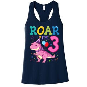 Roar Im 3 Year Old Dinosaur Girl 3rd Birthday Party Women's Racerback Tank