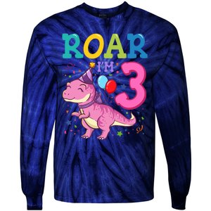 Roar Im 3 Year Old Dinosaur Girl 3rd Birthday Party Tie-Dye Long Sleeve Shirt