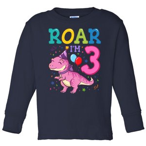 Roar Im 3 Year Old Dinosaur Girl 3rd Birthday Party Toddler Long Sleeve Shirt