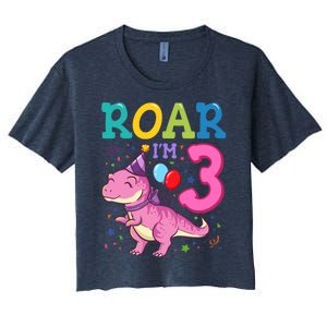 Roar Im 3 Year Old Dinosaur Girl 3rd Birthday Party Women's Crop Top Tee