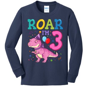 Roar Im 3 Year Old Dinosaur Girl 3rd Birthday Party Kids Long Sleeve Shirt