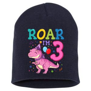 Roar Im 3 Year Old Dinosaur Girl 3rd Birthday Party Short Acrylic Beanie