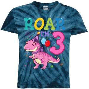 Roar Im 3 Year Old Dinosaur Girl 3rd Birthday Party Kids Tie-Dye T-Shirt