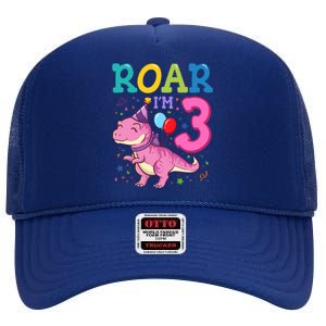 Roar Im 3 Year Old Dinosaur Girl 3rd Birthday Party High Crown Mesh Back Trucker Hat