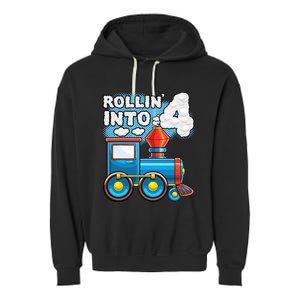 Rollin Into 4 Train 4th Birthday Party Supply Birthday Boy Garment-Dyed Fleece Hoodie