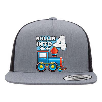 Rollin Into 4 Train 4th Birthday Party Supply Birthday Boy Flat Bill Trucker Hat