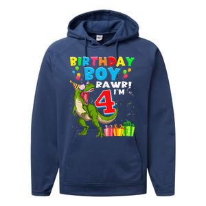 Rawr I'm 4 4th Birthday T Rex Dinosaur 4 Years Old Gift Performance Fleece Hoodie