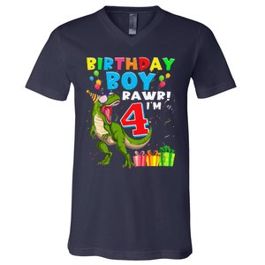 Rawr I'm 4 4th Birthday T Rex Dinosaur 4 Years Old Gift V-Neck T-Shirt