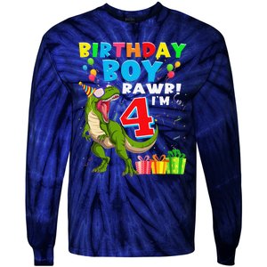 Rawr I'm 4 4th Birthday T Rex Dinosaur 4 Years Old Gift Tie-Dye Long Sleeve Shirt