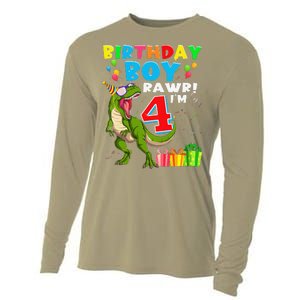 Rawr I'm 4 4th Birthday T Rex Dinosaur 4 Years Old Gift Cooling Performance Long Sleeve Crew