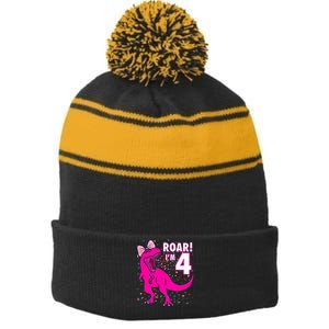 Roar i'm 4 (four year old dinosaur birthday) 4th Dino Theme Stripe Pom Pom Beanie