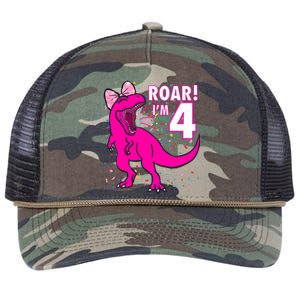 Roar i'm 4 (four year old dinosaur birthday) 4th Dino Theme Retro Rope Trucker Hat Cap