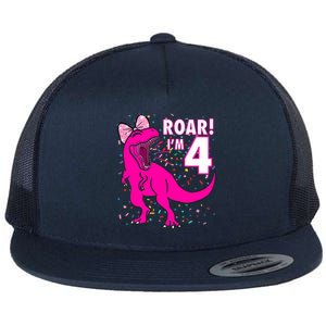 Roar i'm 4 (four year old dinosaur birthday) 4th Dino Theme Flat Bill Trucker Hat