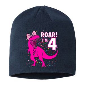 Roar i'm 4 (four year old dinosaur birthday) 4th Dino Theme Sustainable Beanie