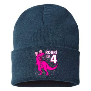 Roar i'm 4 (four year old dinosaur birthday) 4th Dino Theme Sustainable Knit Beanie