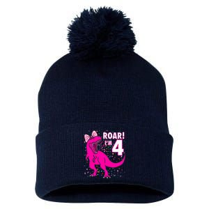 Roar i'm 4 (four year old dinosaur birthday) 4th Dino Theme Pom Pom 12in Knit Beanie