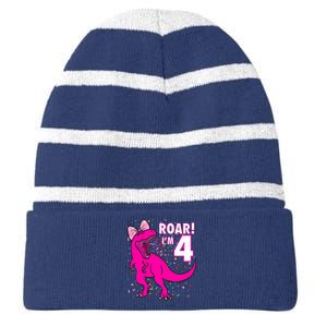 Roar i'm 4 (four year old dinosaur birthday) 4th Dino Theme Striped Beanie with Solid Band