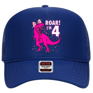 Roar i'm 4 (four year old dinosaur birthday) 4th Dino Theme High Crown Mesh Back Trucker Hat